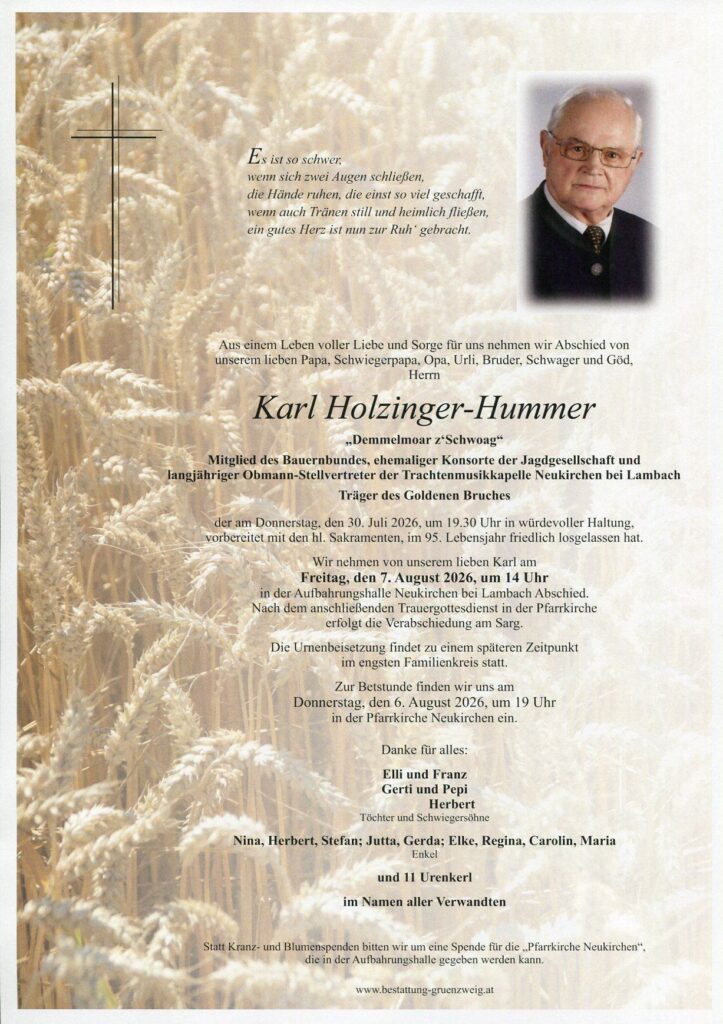 Trauer um Ehrenmitglied Karl Holzinger-Hummer Trauer um Ehrenmitglied Karl Holzinger-Hummer